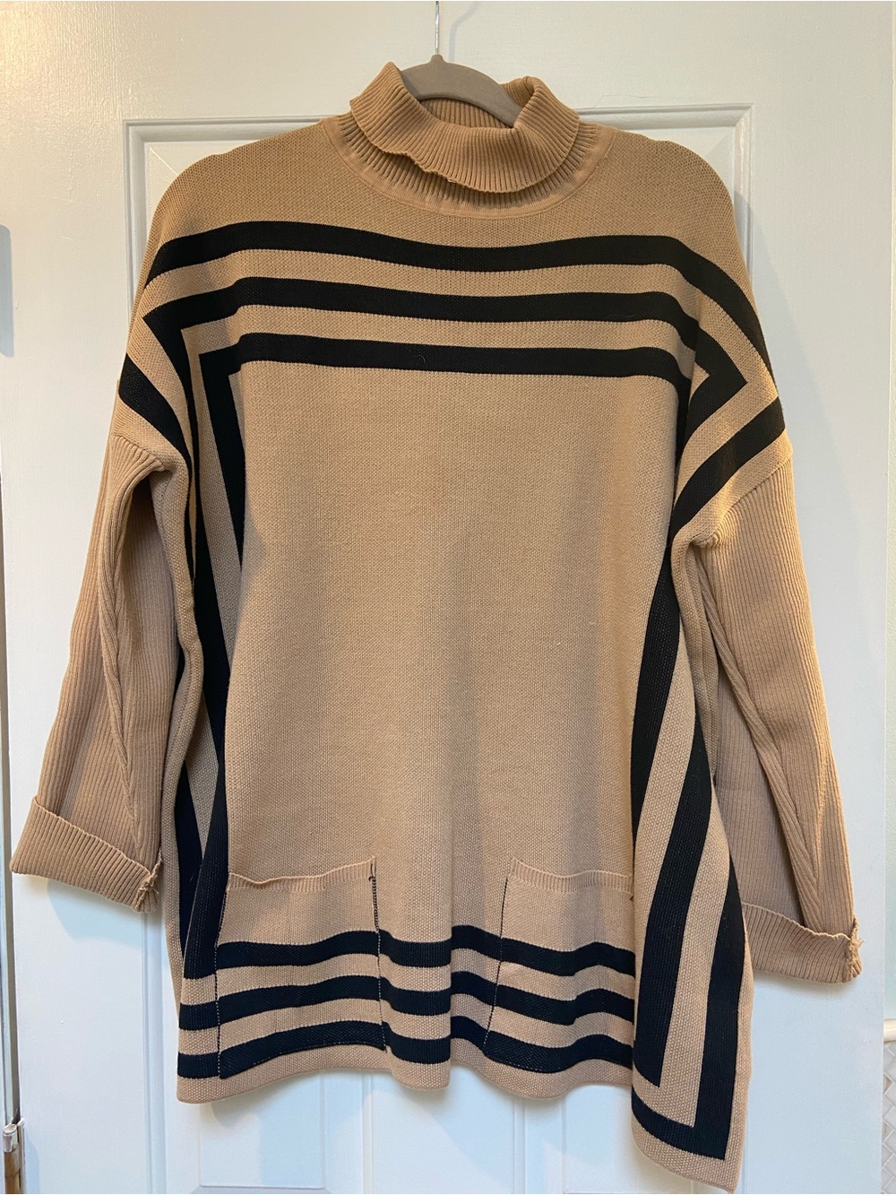 Women's Tan and Black Striped Turtleneck Sweater